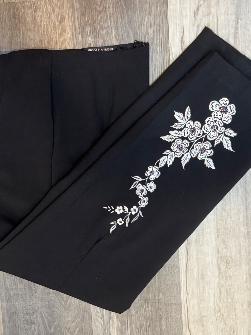 Embroidered Floral Black Wide-Leg Pants